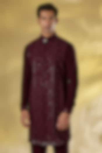 Oxblood Georgette Sequins Work Kurta by Rabani & Rakha Men