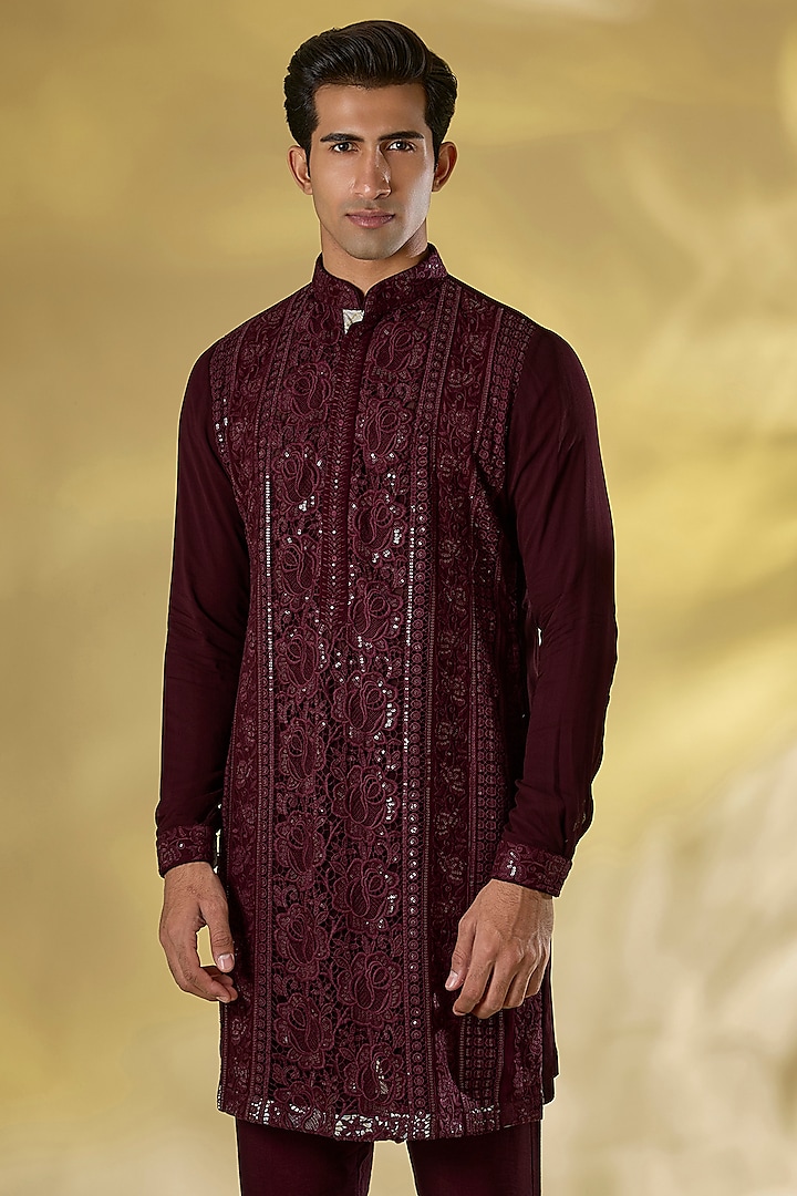 Oxblood Georgette Sequins Work Kurta by Rabani & Rakha Men