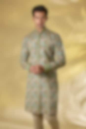 Lime Green Georgette Printed & Sequins Work Kurta by Rabani & Rakha Men