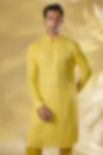 Yellow Organza Threadwork Kurta by Rabani & Rakha Men