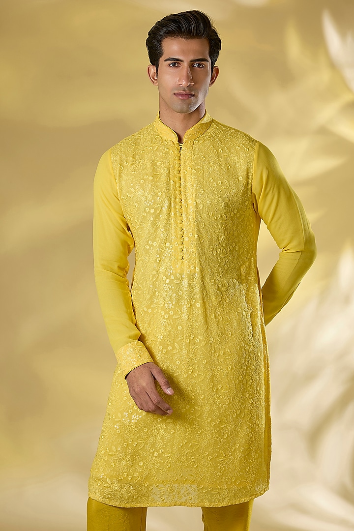 Yellow Organza Threadwork Kurta by Rabani & Rakha Men