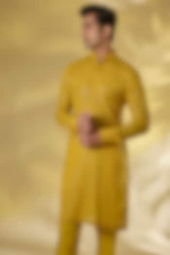 Haldi Yellow Georgette Thread Embroidered Kurta by Rabani & Rakha Men