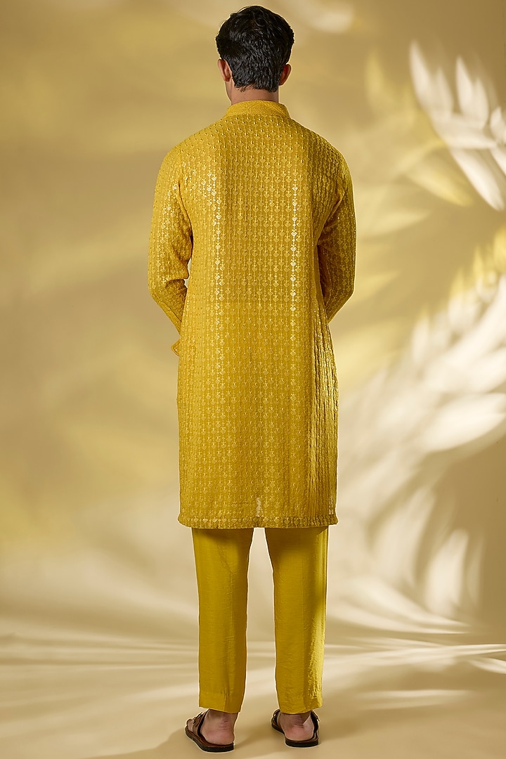 Haldi Yellow Georgette Thread Embroidered Kurta by Rabani & Rakha Men at Pernia's Pop Up Shop