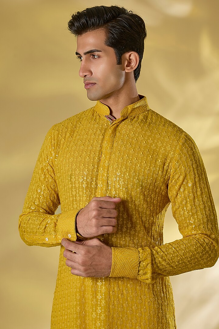 Haldi Yellow Georgette Thread Embroidered Kurta by Rabani & Rakha Men at Pernia's Pop Up Shop