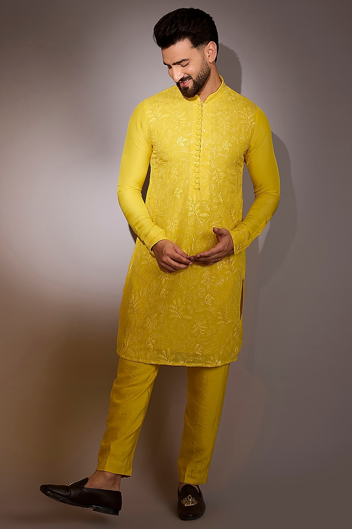 Haldi Yellow Organza Thread Embroidered Kurta by Rabani & Rakha Men