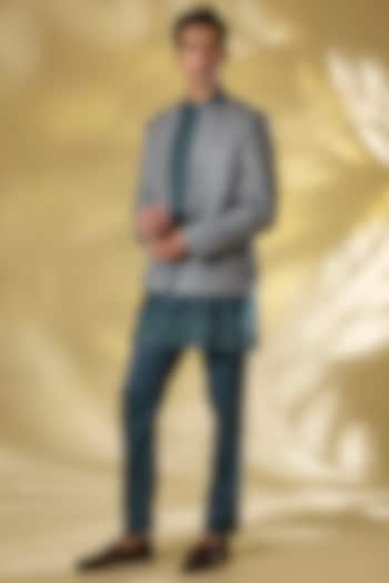 Teal Dola Silk Thread Embroidered Indo-Western Set by Rabani & Rakha Men at Pernia's Pop Up Shop