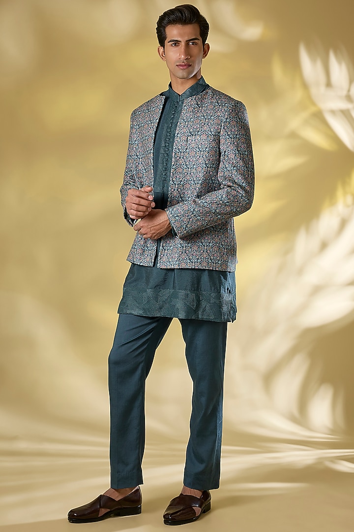 Teal Dola Silk Thread Embroidered Indo-Western Set by Rabani & Rakha Men at Pernia's Pop Up Shop