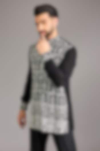 Black Georgette Sequins Embroidered Short Kurta by Rabani & Rakha Men