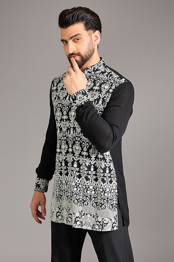 Black Georgette Sequins Embroidered Short Kurta by Rabani & Rakha Men