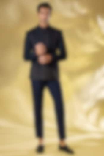 Blue Georgette Wedding Bandhgala Set by Rabani & Rakha Men at Pernia's Pop Up Shop