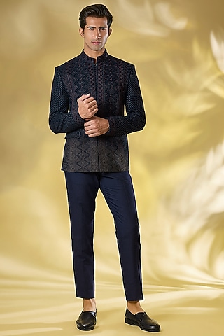 Blue Georgette Bandhgala Set by Rabani & Rakha Men
