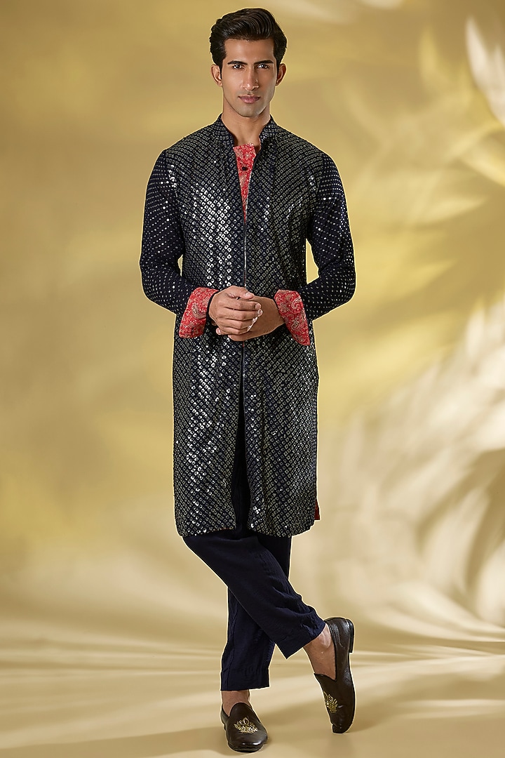 Dark Blue Georgette Sequin Work Kurta by Rabani & Rakha Men at Pernia's Pop Up Shop