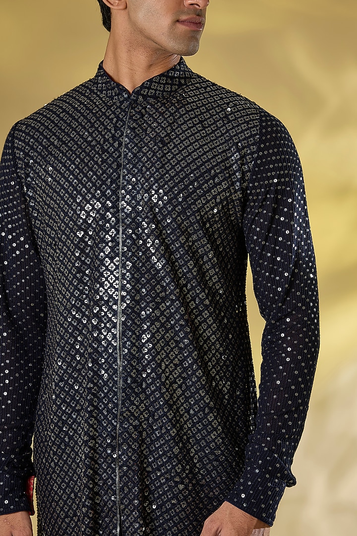 Dark Blue Georgette Sequin Work Kurta by Rabani & Rakha Men at Pernia's Pop Up Shop