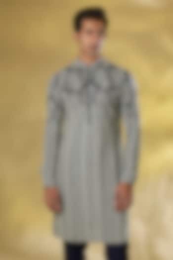 Dark Blue Georgette Thread Leaf Embroidered Kurta by Rabani & Rakha Men