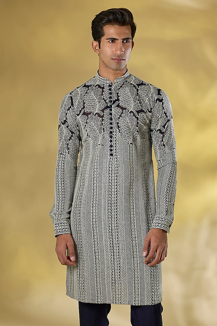 Dark Blue Georgette Thread Leaf Embroidered Kurta by Rabani & Rakha Men