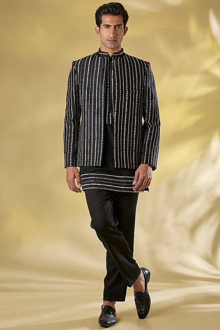 Black Silk Zari Embroidered Indo-Western Jacket Set by Rabani & Rakha Men at Pernia's Pop Up Shop