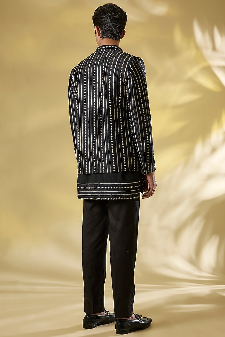Black Silk Zari Embroidered Indo-Western Jacket Set by Rabani & Rakha Men at Pernia's Pop Up Shop