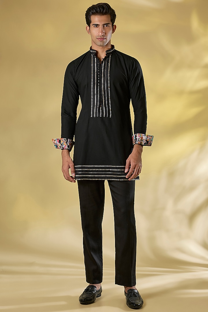 Black Silk Zari Embroidered Indo-Western Jacket Set by Rabani & Rakha Men at Pernia's Pop Up Shop