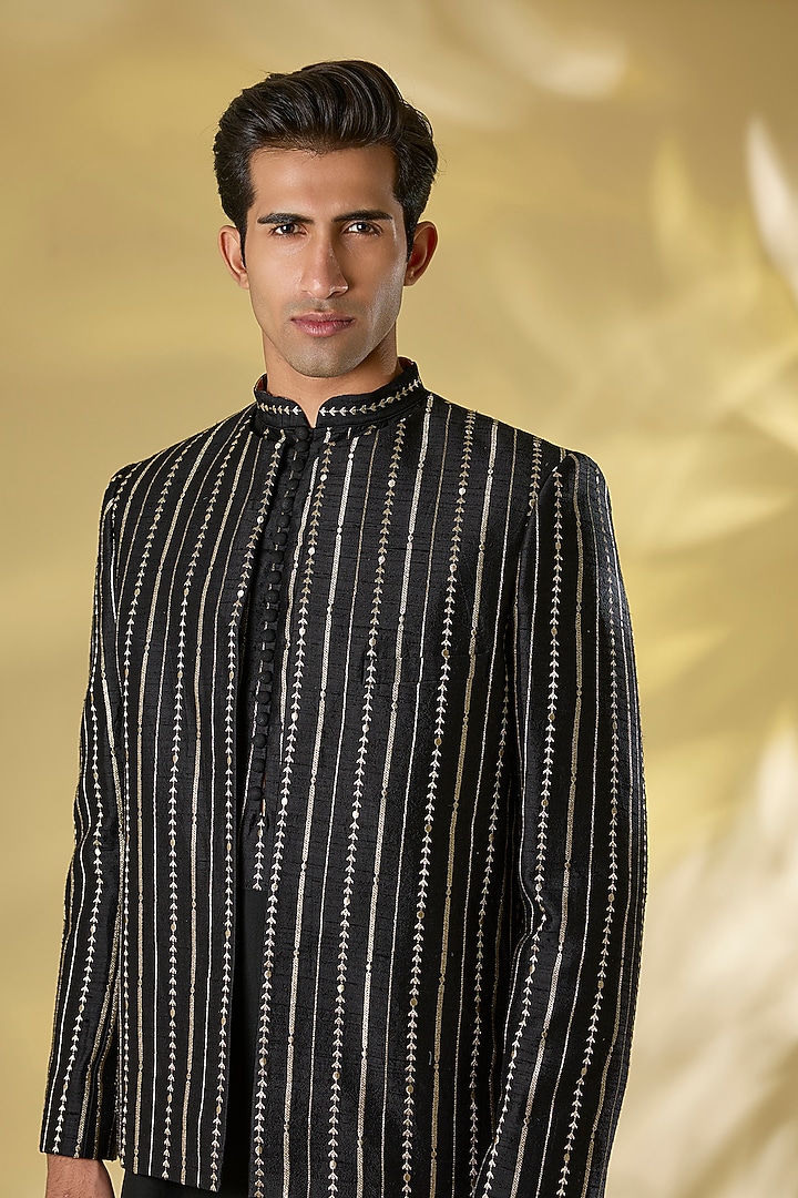 Black Silk Zari Embroidered Indo-Western Jacket Set by Rabani & Rakha Men at Pernia's Pop Up Shop