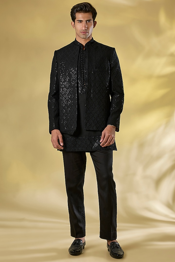 Black Silk Sequins Work Indo-Western Jacket Set by Rabani & Rakha Men at Pernia's Pop Up Shop