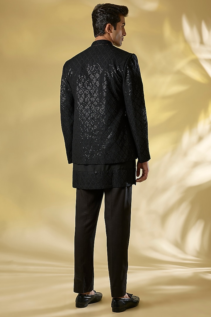 Black Silk Sequins Work Indo-Western Jacket Set by Rabani & Rakha Men at Pernia's Pop Up Shop