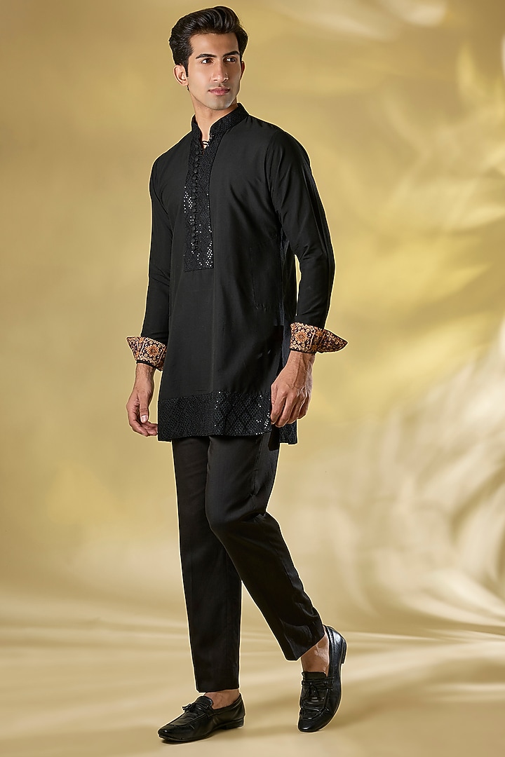 Black Silk Sequins Work Indo-Western Jacket Set by Rabani & Rakha Men at Pernia's Pop Up Shop