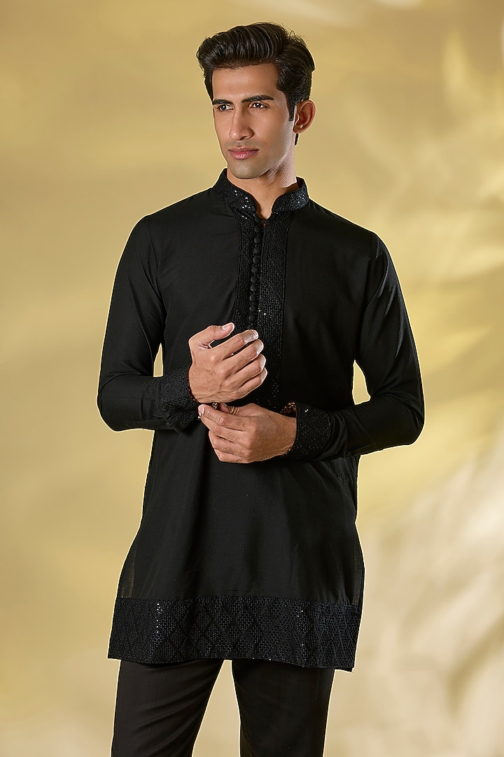 Black Silk Sequins Work Indo-Western Jacket Set by Rabani & Rakha Men at Pernia's Pop Up Shop