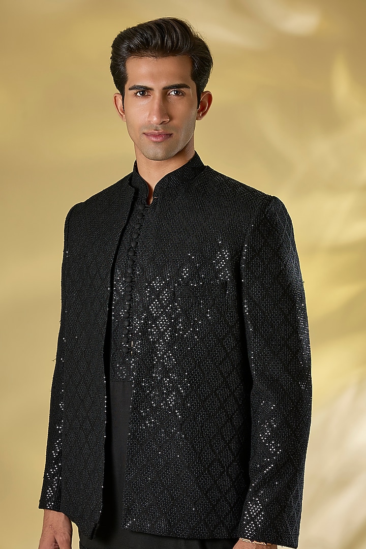 Black Silk Sequins Work Indo-Western Jacket Set by Rabani & Rakha Men at Pernia's Pop Up Shop