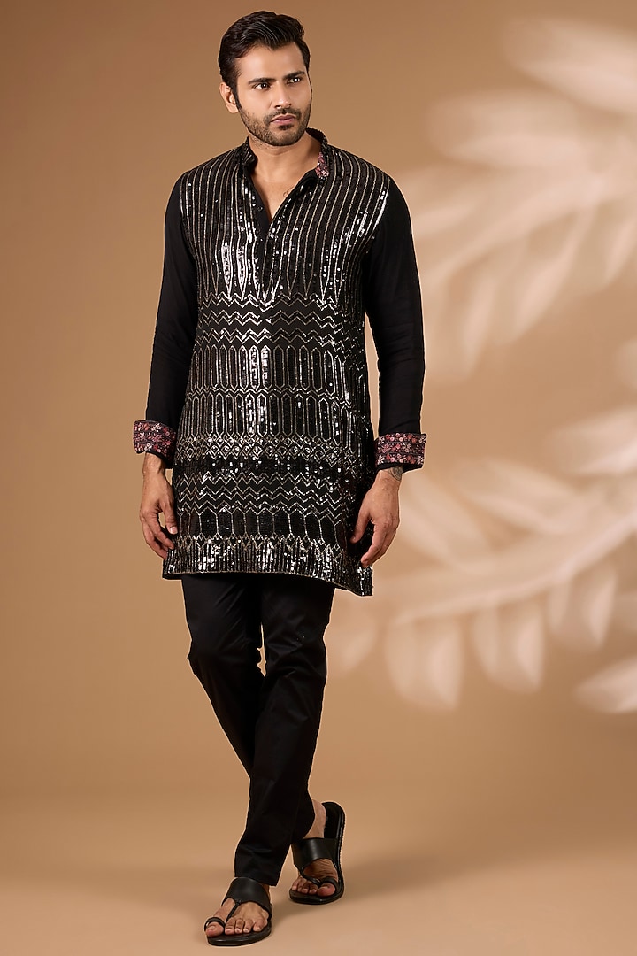 Black Georgette Sequins Embroidered Kurta Set by Rabani & Rakha Men at Pernia's Pop Up Shop