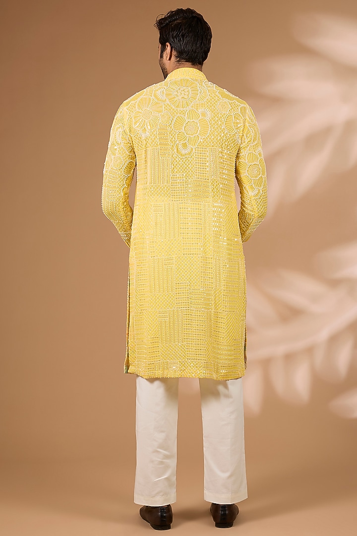 Yellow Georgette Sequins Embroidered Kurta Set by Rabani & Rakha Men at Pernia's Pop Up Shop