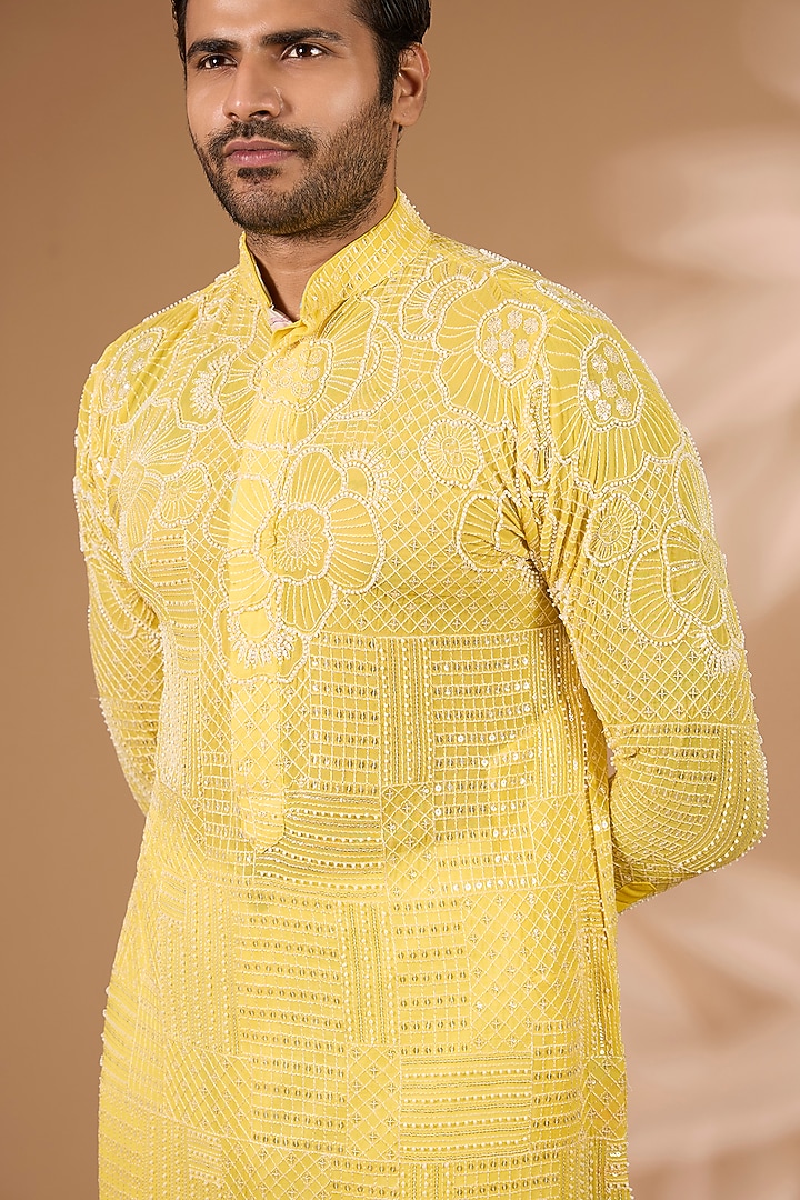 Yellow Georgette Sequins Embroidered Kurta Set by Rabani & Rakha Men at Pernia's Pop Up Shop