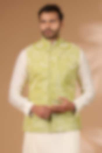 Lime Green Georgette Sequins Embroidered Bundi Jacket by Rabani & Rakha Men at Pernia's Pop Up Shop