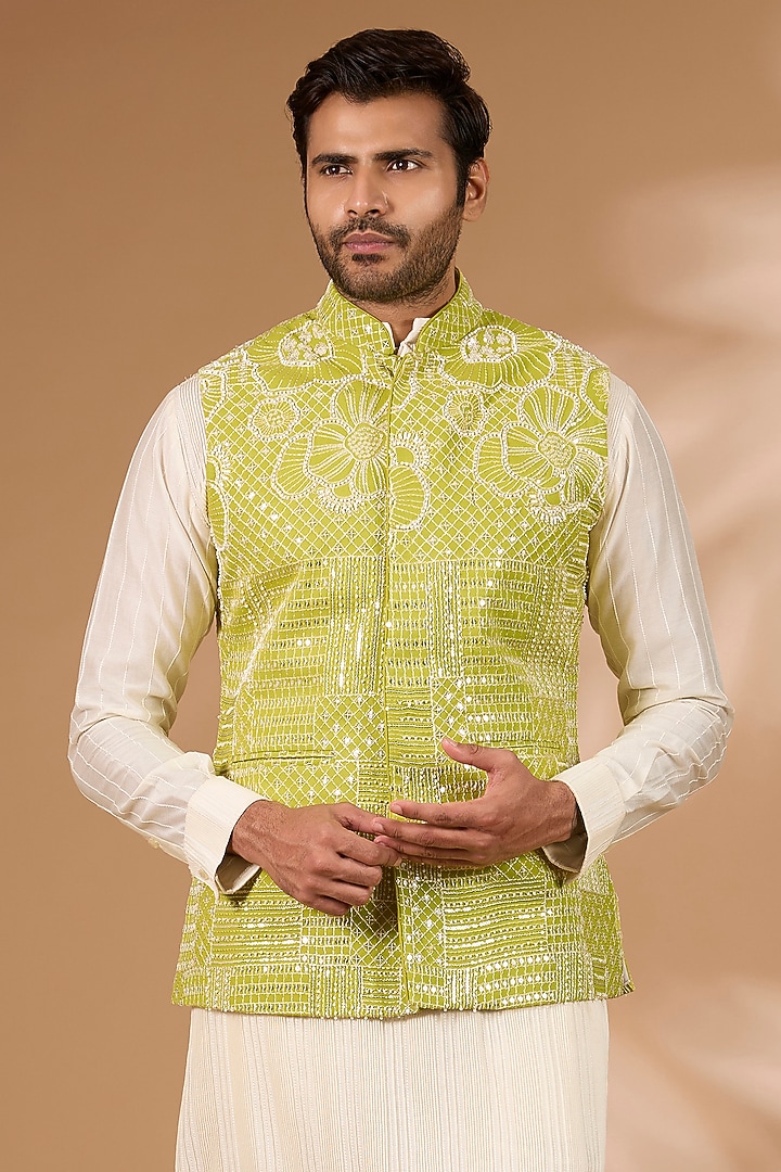 Lime Green Georgette Sequins Embroidered Bundi Jacket by Rabani & Rakha Men at Pernia's Pop Up Shop
