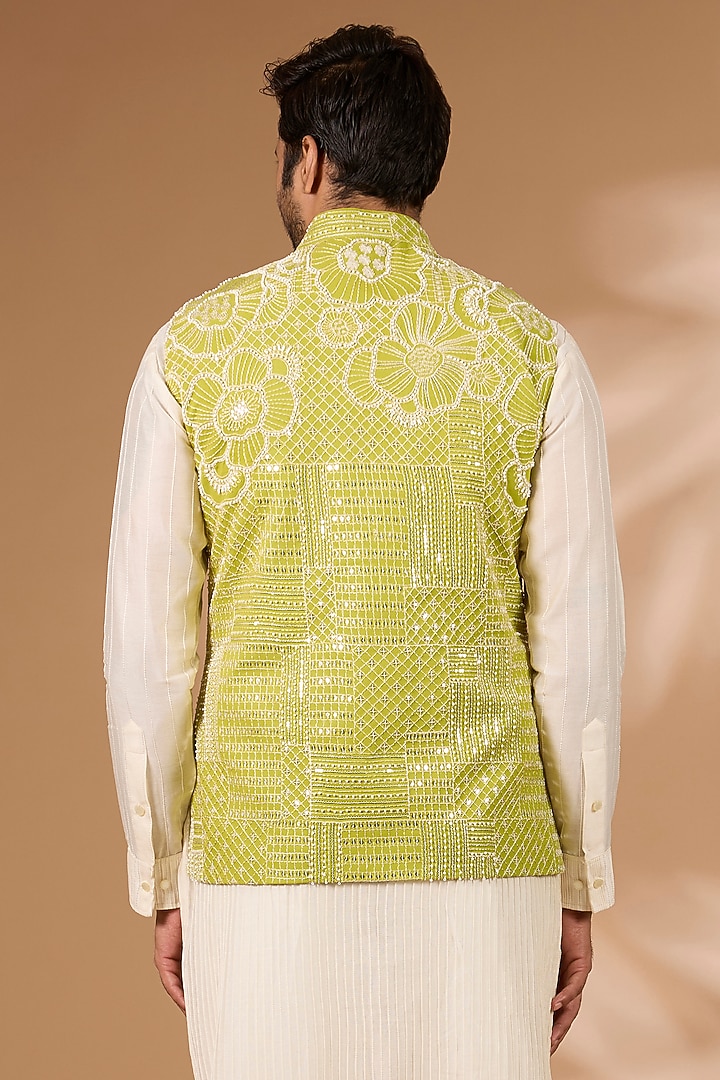 Lime Green Georgette Sequins Embroidered Bundi Jacket by Rabani & Rakha Men at Pernia's Pop Up Shop