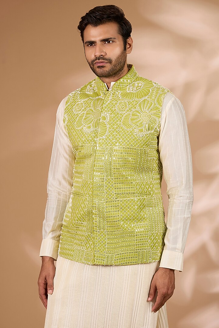 Lime Green Georgette Sequins Embroidered Bundi Jacket by Rabani & Rakha Men at Pernia's Pop Up Shop