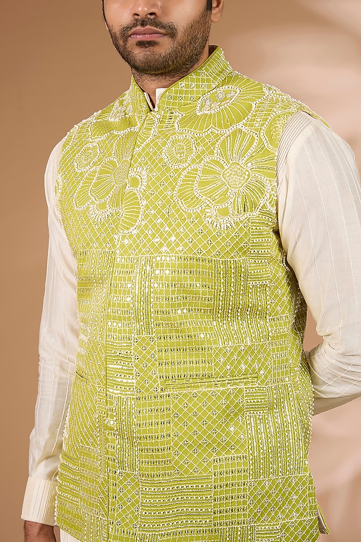 Lime Green Georgette Sequins Embroidered Bundi Jacket by Rabani & Rakha Men at Pernia's Pop Up Shop