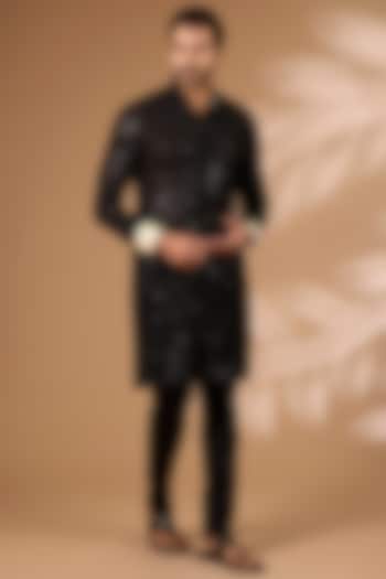 Black Georgette Sequins Embroidered Kurta Set by Rabani & Rakha Men