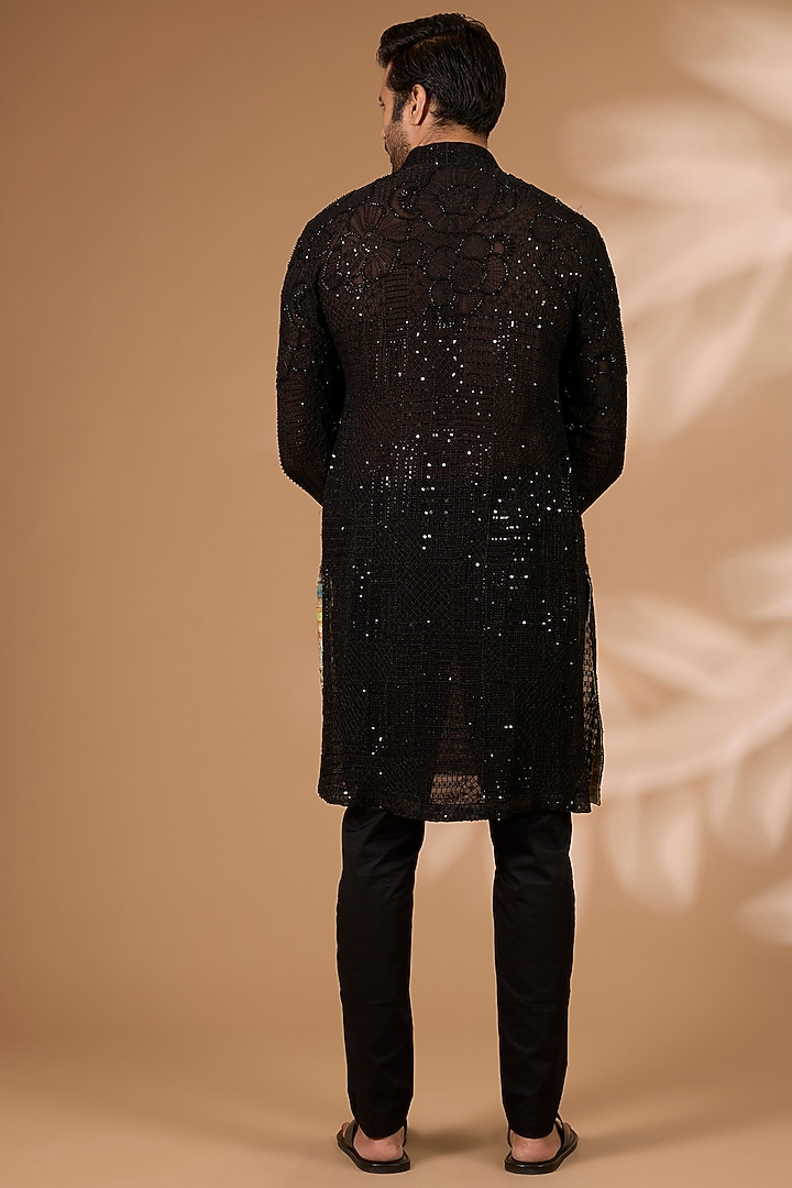 Black Georgette Sequins Embroidered Kurta Set by Rabani & Rakha Men at Pernia's Pop Up Shop