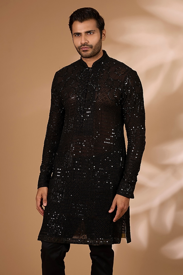 Black Georgette Sequins Embroidered Kurta Set by Rabani & Rakha Men at Pernia's Pop Up Shop