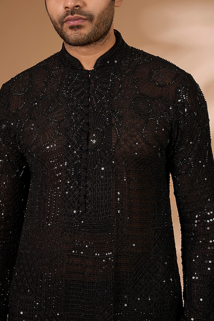 Black Georgette Sequins Embroidered Kurta Set by Rabani & Rakha Men at Pernia's Pop Up Shop