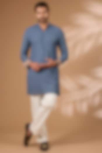 Teal Blue Georgette Sequins Embroidered Kurta Set by Rabani & Rakha Men