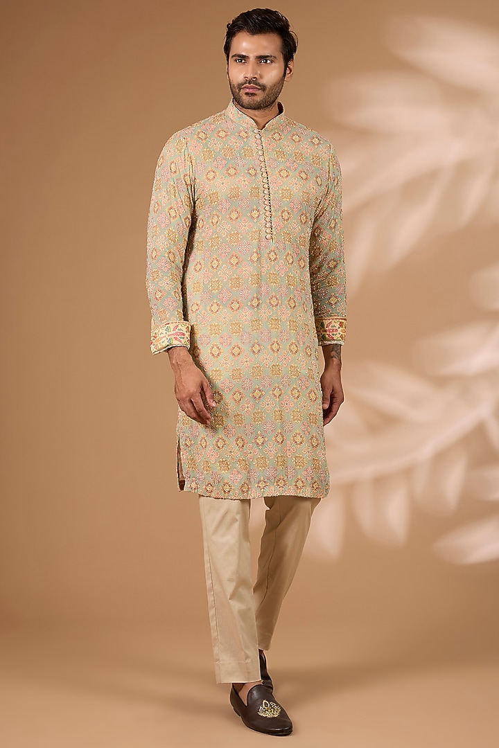 Gold-Aqua Georgette Printed & Thread Embroidered Kurta Set by Rabani & Rakha Men