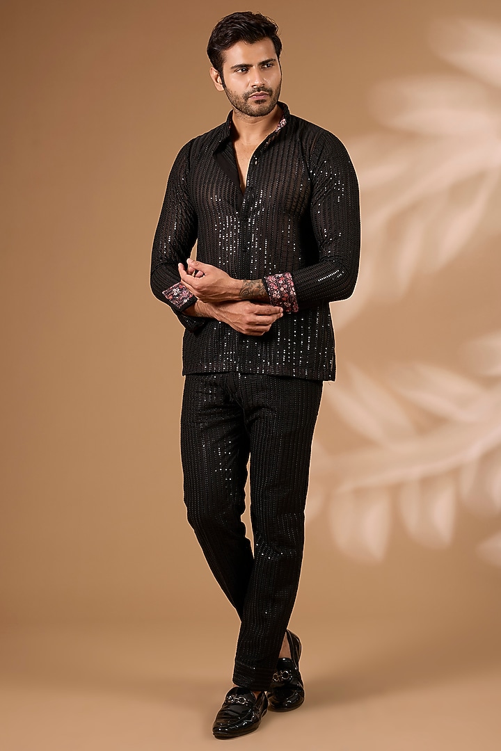 Black Georgette Sequins Embroidered Co-Ord Set by Rabani & Rakha Men