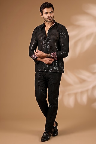 Black Georgette Sequins Embroidered Co-Ord Set by Rabani & Rakha Men