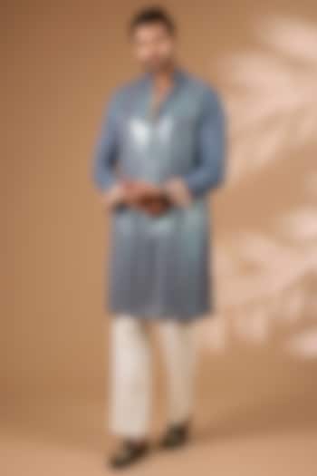 Teal Blue Georgette Sequins Embroidered Kurta Set by Rabani & Rakha Men