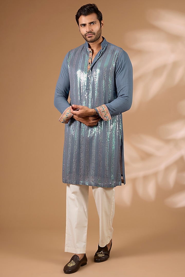 Teal Blue Georgette Sequins Embroidered Kurta Set by Rabani & Rakha Men