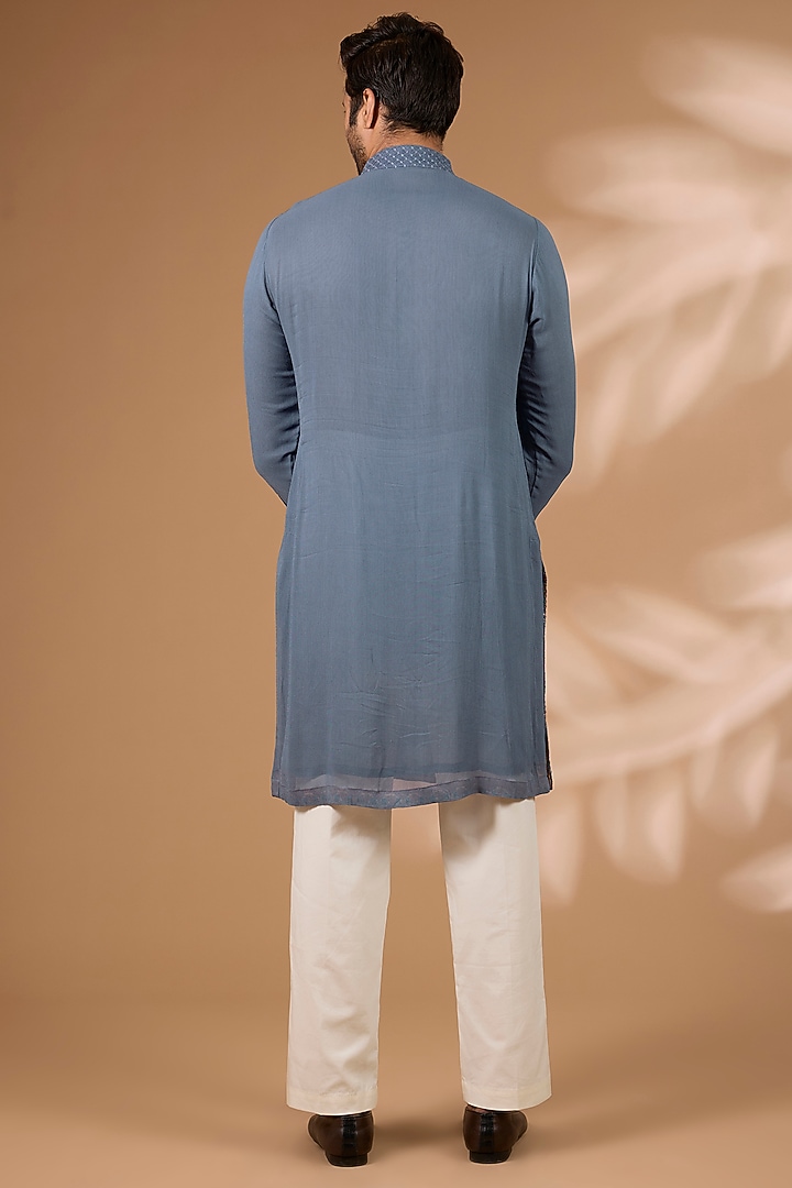 Teal Blue Georgette Sequins Embroidered Kurta Set by Rabani & Rakha Men at Pernia's Pop Up Shop