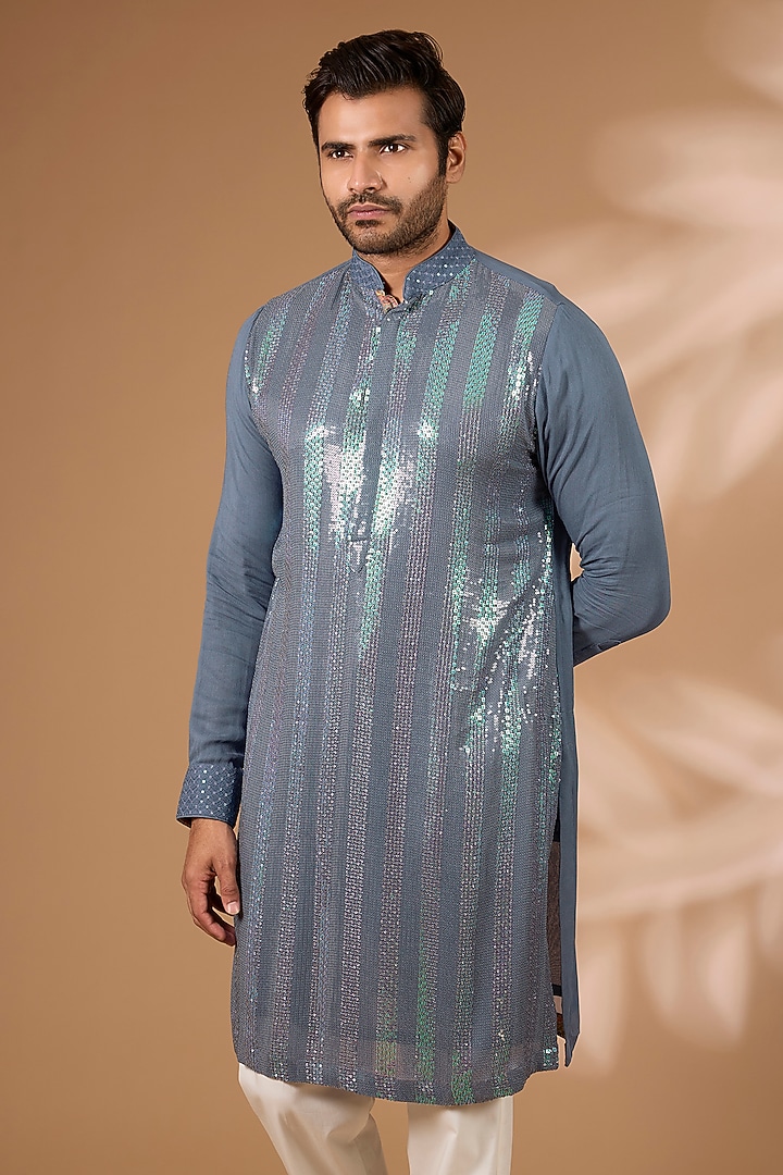Teal Blue Georgette Sequins Embroidered Kurta Set by Rabani & Rakha Men at Pernia's Pop Up Shop