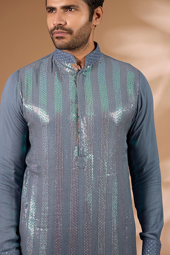 Teal Blue Georgette Sequins Embroidered Kurta Set by Rabani & Rakha Men at Pernia's Pop Up Shop