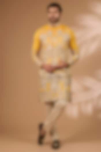 Yellow Silk Sequins Embroidered Bundi Jacket Set by Rabani & Rakha Men